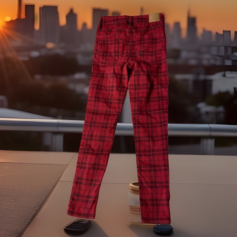 American Eagle Women's Hi-Rise Next Level Stretch Red Plaid Jeggings, size 4